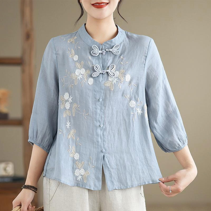 Camisa de lino y algodón para mujer con bordado de flores vintage de Buddha Stones, manga tres cuartos y botones de rana - Azul cielo claro - US8-10，UK/AU12-14，EU40-42 (2XL) - image 0