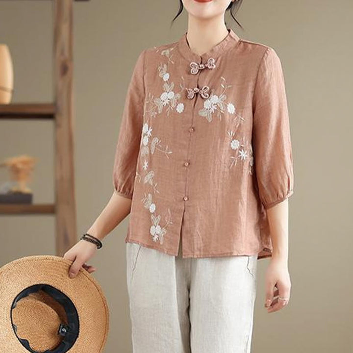 Camisa de lino y algodón para mujer con bordado de flores vintage de Buddha Stones, manga tres cuartos y botones de rana - image 11