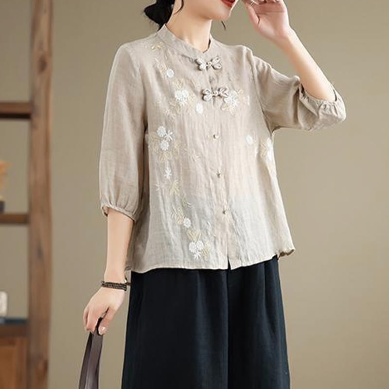 Camisa de lino y algodón para mujer con bordado de flores vintage de Buddha Stones, manga tres cuartos y botones de rana - image 7