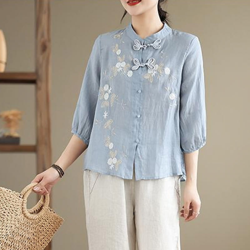 Camisa de lino y algodón para mujer con bordado de flores vintage de Buddha Stones, manga tres cuartos y botones de rana - image 2