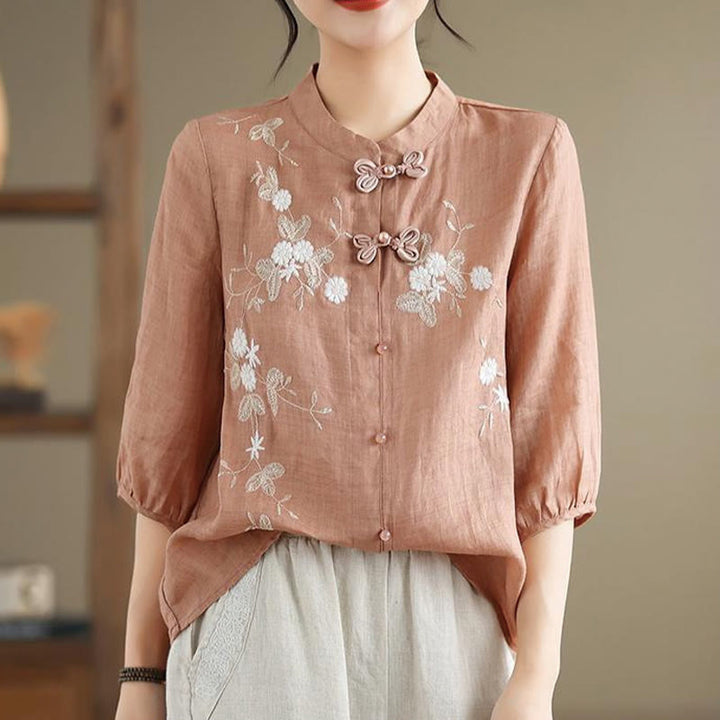 Camisa de lino y algodón para mujer con bordado de flores vintage de Buddha Stones, manga tres cuartos y botones de rana - image 9