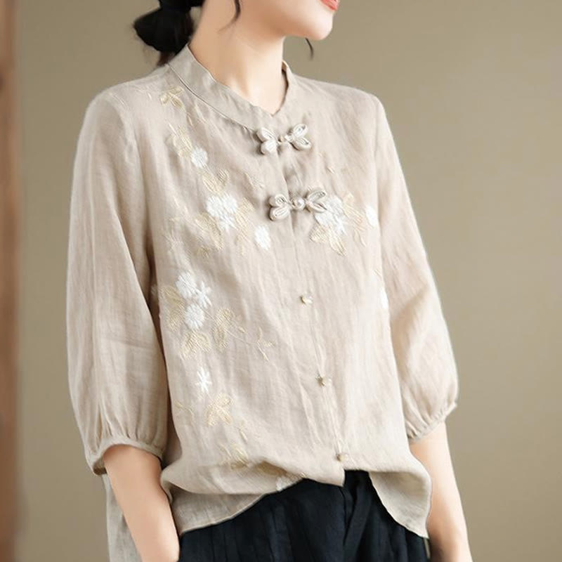 Camisa de lino y algodón para mujer con bordado de flores vintage de Buddha Stones, manga tres cuartos y botones de rana - image 5