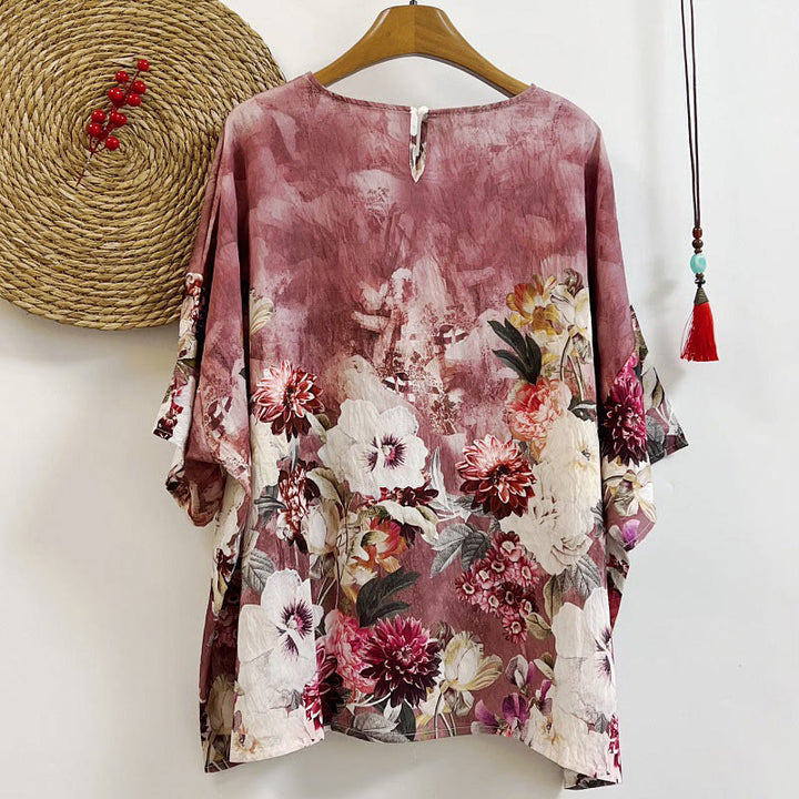 Camiseta de poliéster de media manga con cuello redondo y estampado informal de Buddha Stones, pétalos de dalia y peonía para mujer