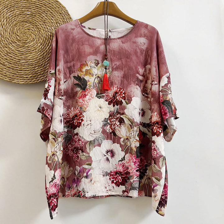 Camiseta de poliéster de media manga con cuello redondo y estampado informal de Buddha Stones, pétalos de dalia y peonía para mujer