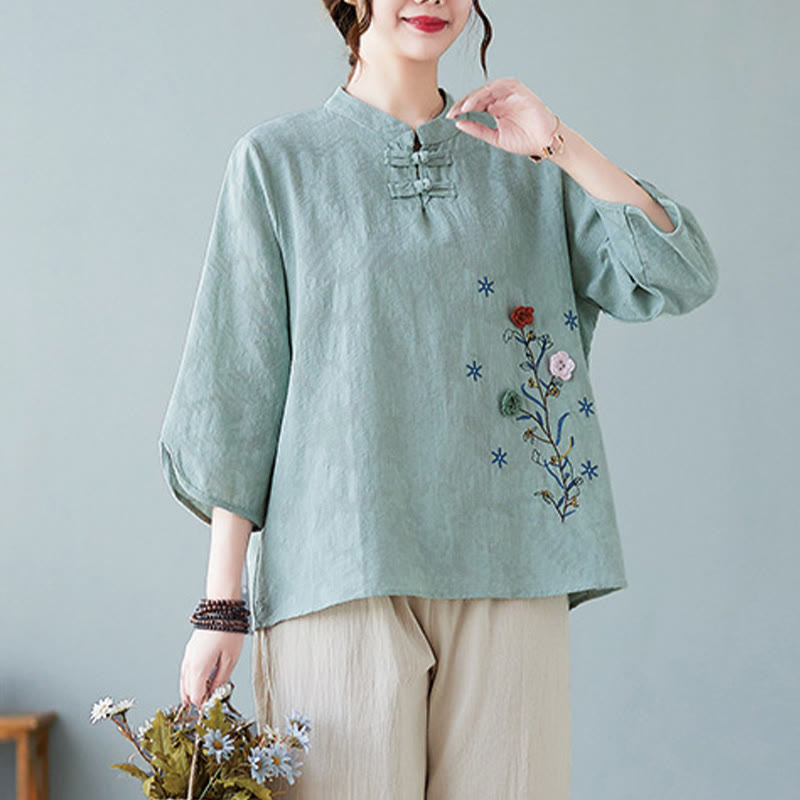 Camisa de lino y algodón para mujer con bordado de flores estereoscópicas vintage de verano con Buddha Stones y manga tres cuartos y botones de rana - image 20