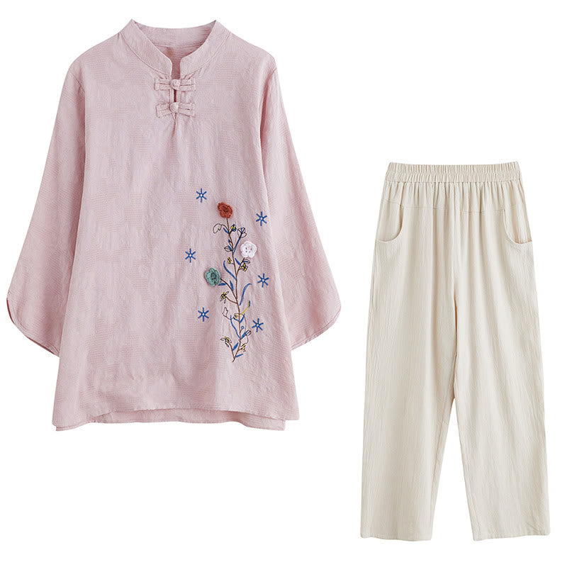 Camisa de lino y algodón para mujer con bordado de flores estereoscópicas vintage de verano con Buddha Stones y manga tres cuartos y botones de rana - image 16