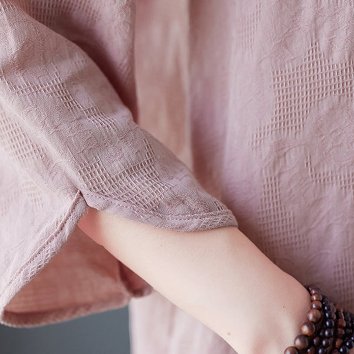 Camisa de lino y algodón para mujer con bordado de flores estereoscópicas vintage de verano con Buddha Stones y manga tres cuartos y botones de rana - image 12