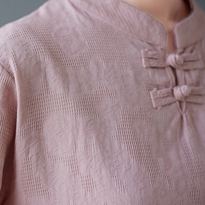 Camisa de lino y algodón para mujer con bordado de flores estereoscópicas vintage de verano con Buddha Stones y manga tres cuartos y botones de rana - image 10
