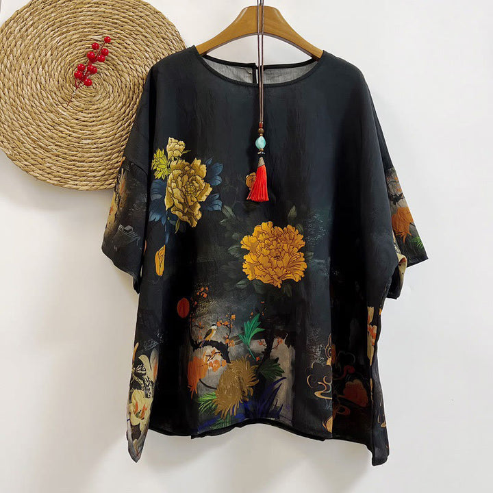 Camiseta de poliéster de media manga con cuello redondo y estampado informal de Buddha Stones auspiciosas y pétalos variados para mujer