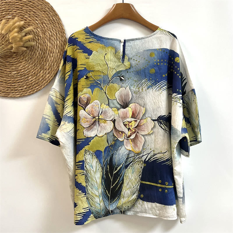 Camiseta de poliéster de media manga con diseño informal de Buddha Stones , hojas y plumas para mujer, con cuello redondo