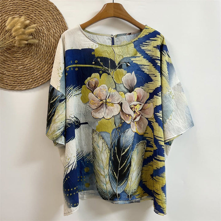 Camiseta de poliéster de media manga con diseño informal de Buddha Stones , hojas y plumas para mujer, con cuello redondo