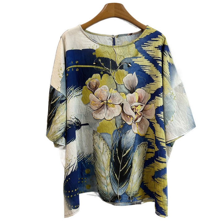 Camiseta de poliéster de media manga con diseño informal de Buddha Stones , hojas y plumas para mujer, con cuello redondo