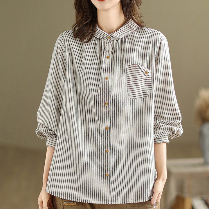 Camisa de lino y algodón para mujer con solapa y botones de manga larga a rayas con diseño casual de empalme de primavera Buddha Stones y bolsillo - image 10