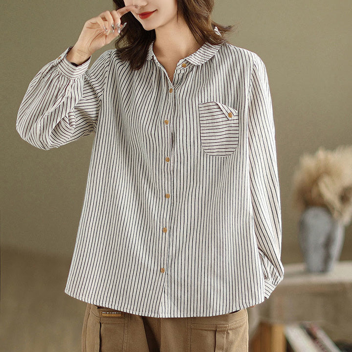 Camisa de lino y algodón para mujer con solapa y botones de manga larga a rayas con diseño casual de empalme de primavera Buddha Stones y bolsillo - Humo blanco - US8-10，UK/AU12-14，EU40-42 (2XL) - image 6