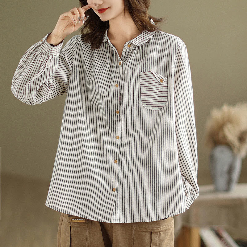Camisa de lino y algodón para mujer con solapa y botones de manga larga a rayas con diseño casual de empalme de primavera Buddha Stones y bolsillo - Humo blanco - US8-10，UK/AU12-14，EU40-42 (2XL) - image 6