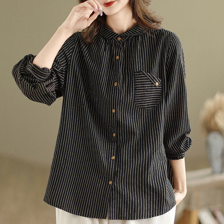 Camisa de lino y algodón para mujer con solapa y botones de manga larga a rayas con diseño casual de empalme de primavera Buddha Stones y bolsillo - image 1