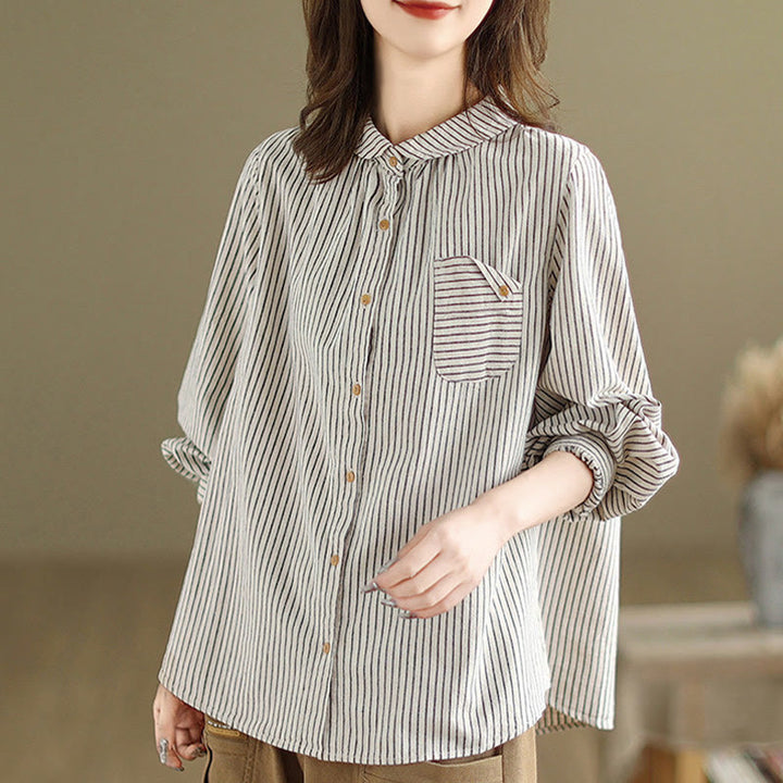 Camisa de lino y algodón para mujer con solapa y botones de manga larga a rayas con diseño casual de empalme de primavera Buddha Stones y bolsillo - image 9