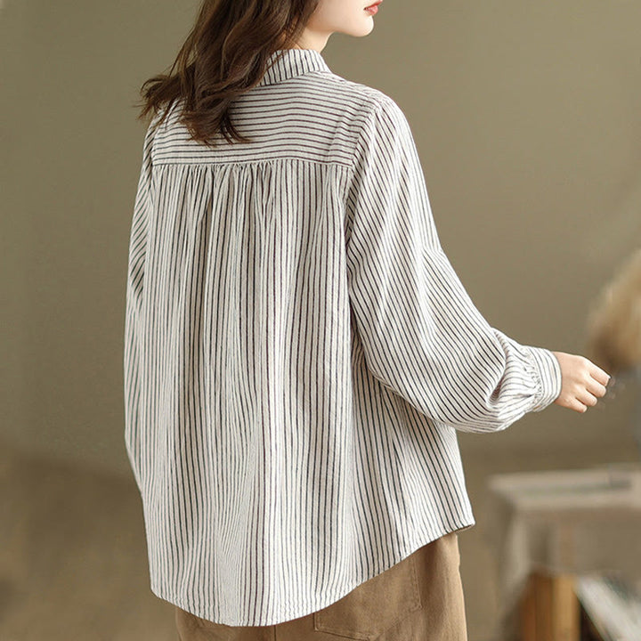 Camisa de lino y algodón para mujer con solapa y botones de manga larga a rayas con diseño casual de empalme de primavera Buddha Stones y bolsillo - image 7