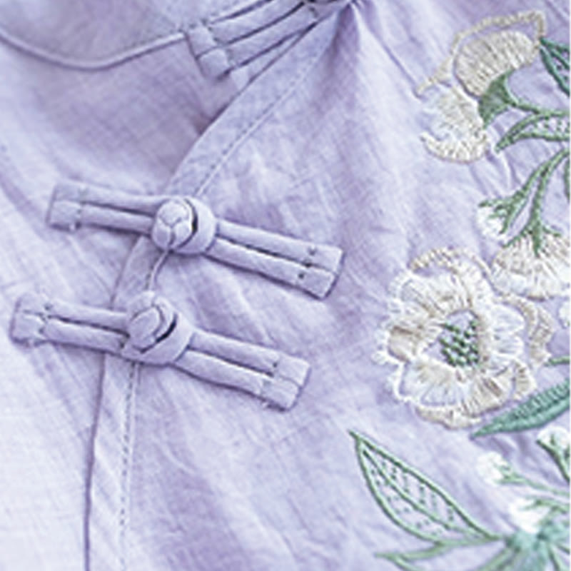 Camisa de lino y algodón para mujer, con cuello mandarín, manga tres cuartos y botones de rana, con bordado de flores y Buddha Stones - image 10