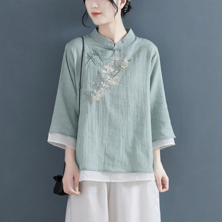 Camisa de lino y algodón para mujer, con cuello mandarín, manga tres cuartos y botones de rana, con bordado de flores y Buddha Stones - image 14