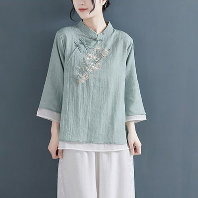 Camisa de lino y algodón para mujer, con cuello mandarín, manga tres cuartos y botones de rana, con bordado de flores y Buddha Stones - Aguamarina mediana - US12, UK/AU16, EU44 (3XL) - image 13