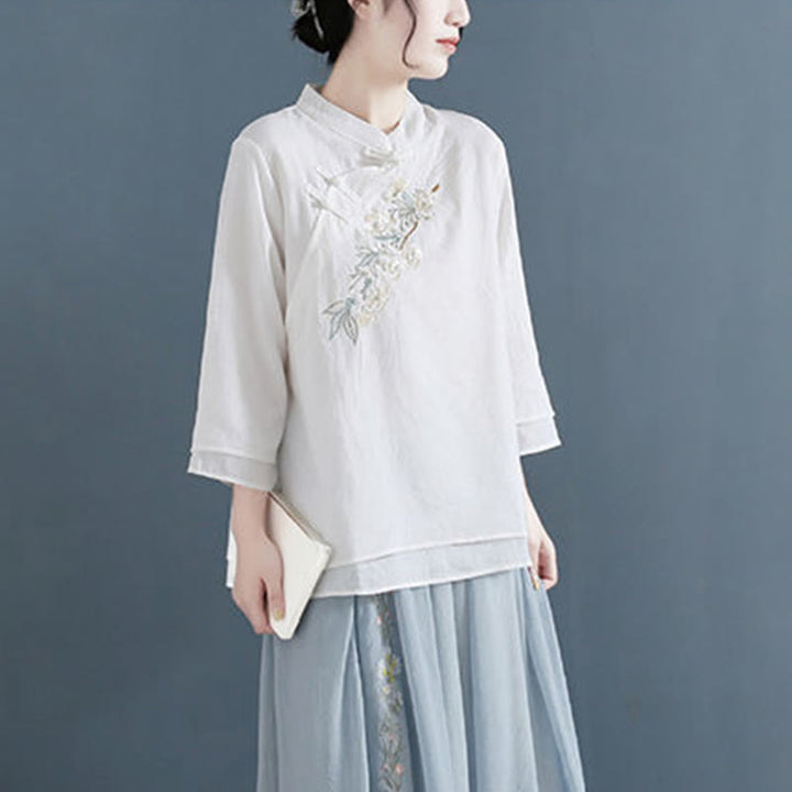 Camisa de lino y algodón para mujer, con cuello mandarín, manga tres cuartos y botones de rana, con bordado de flores y Buddha Stones - image 5