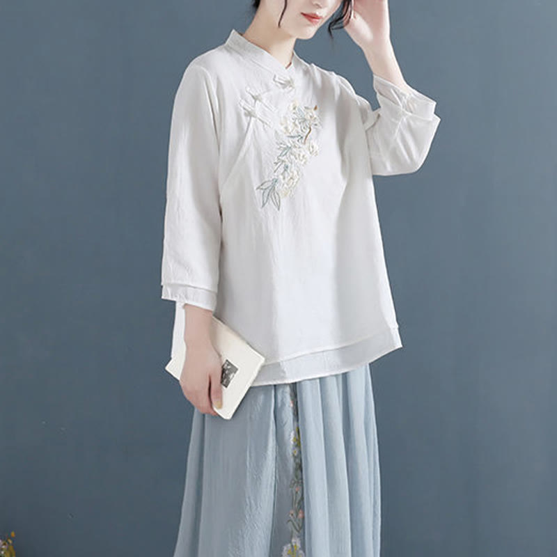 Camisa de lino y algodón para mujer, con cuello mandarín, manga tres cuartos y botones de rana, con bordado de flores y Buddha Stones - image 4