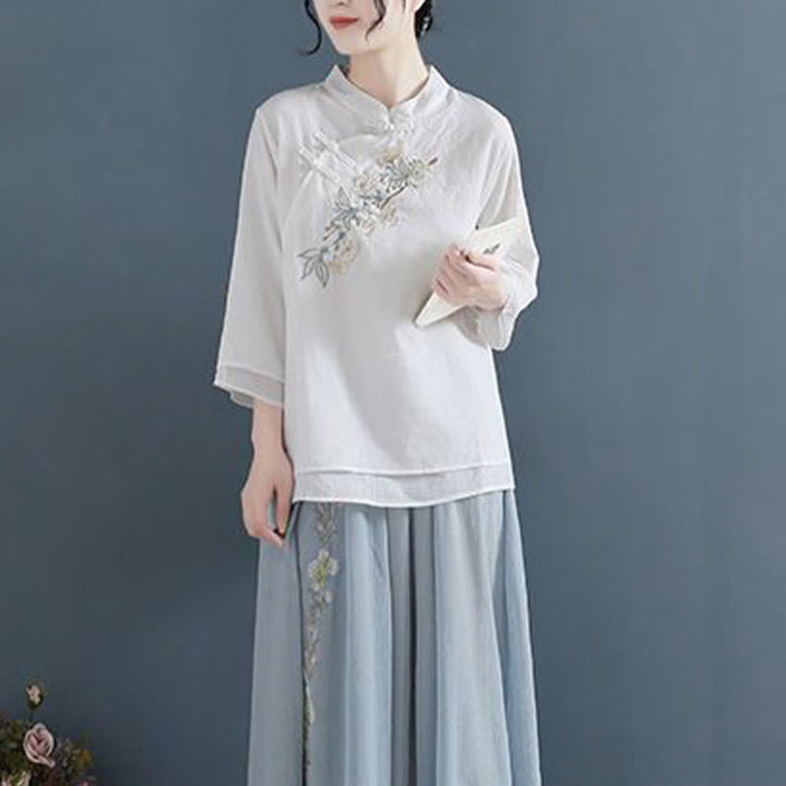 Camisa de lino y algodón para mujer, con cuello mandarín, manga tres cuartos y botones de rana, con bordado de flores y Buddha Stones - image 6