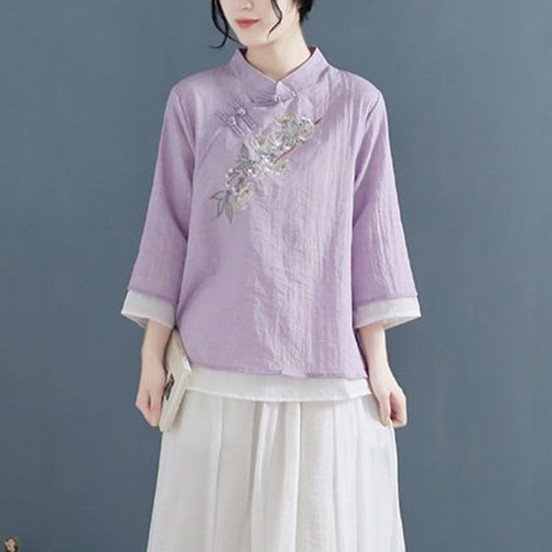 Camisa de lino y algodón para mujer, con cuello mandarín, manga tres cuartos y botones de rana, con bordado de flores y Buddha Stones - image 9