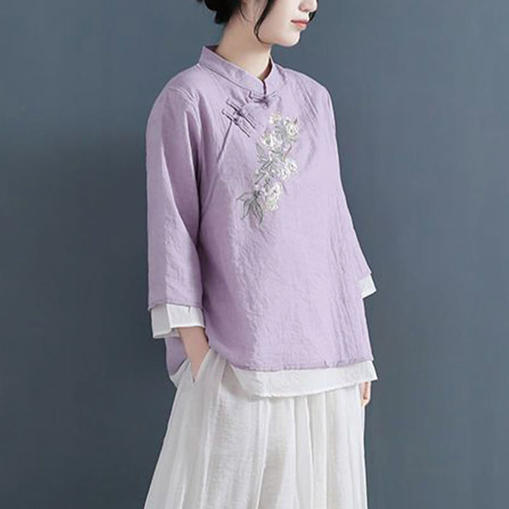 Camisa de lino y algodón para mujer, con cuello mandarín, manga tres cuartos y botones de rana, con bordado de flores y Buddha Stones - image 8