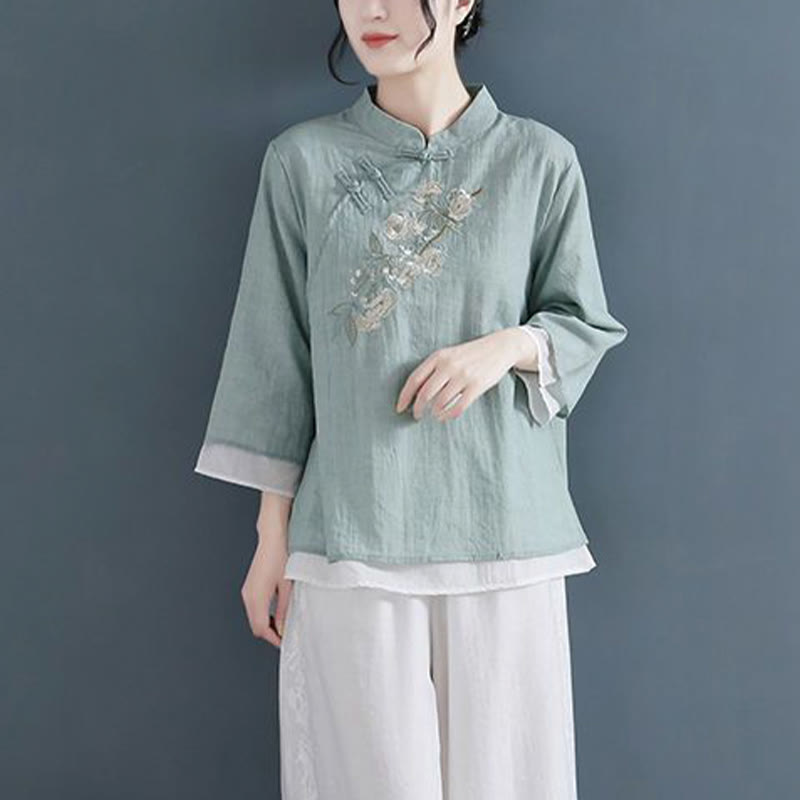 Camisa de lino y algodón para mujer, con cuello mandarín, manga tres cuartos y botones de rana, con bordado de flores y Buddha Stones - image 15