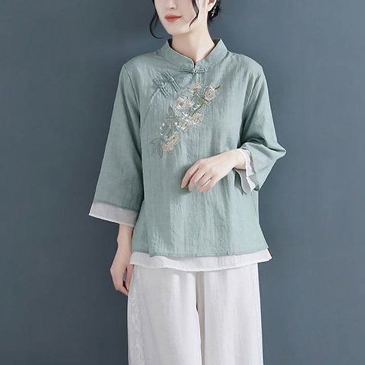 Camisa de lino y algodón para mujer, con cuello mandarín, manga tres cuartos y botones de rana, con bordado de flores y Buddha Stones - image 15