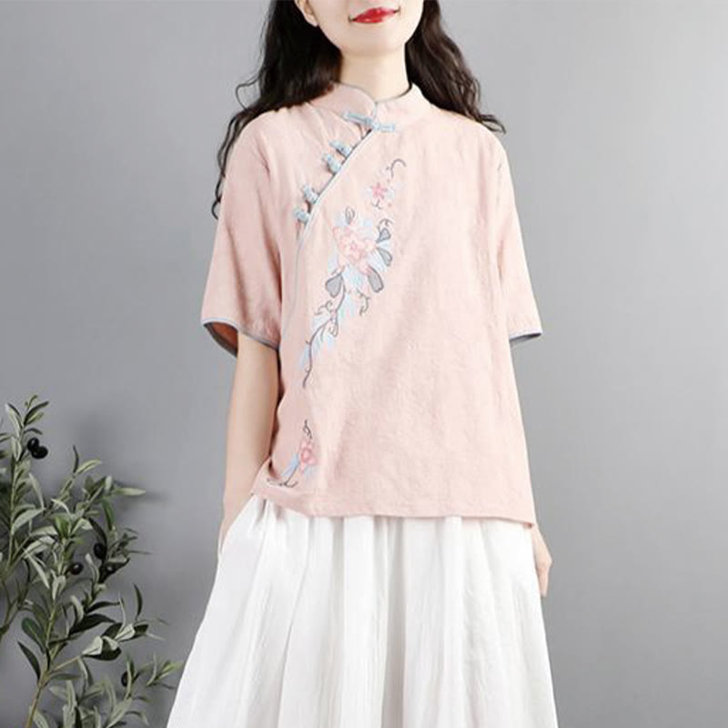 Camisa de lino y algodón para mujer, cuello mandarín, media manga, botones de rana y bordado de flores de verano con Buddha Stones - image 4