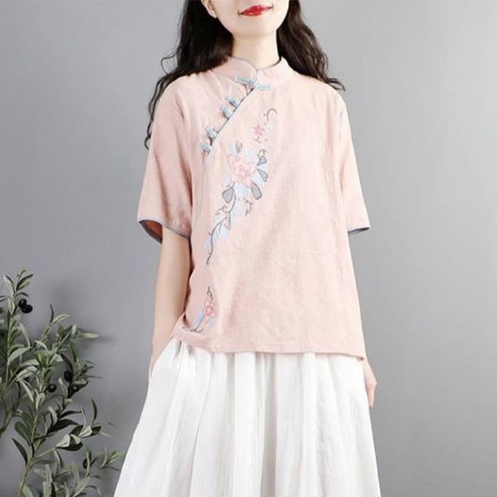 Camisa de lino y algodón para mujer, cuello mandarín, media manga, botones de rana y bordado de flores de verano con Buddha Stones - image 4