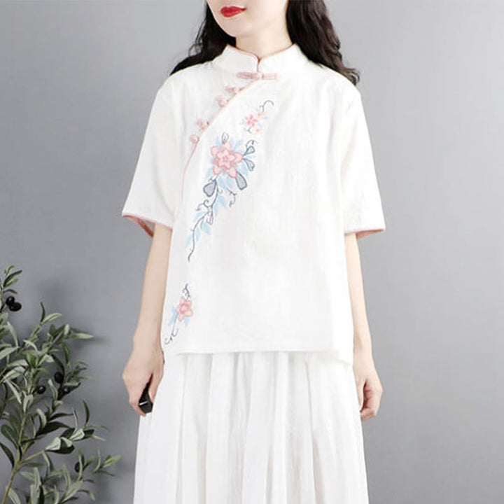 Camisa de lino y algodón para mujer, cuello mandarín, media manga, botones de rana y bordado de flores de verano con Buddha Stones - image 7