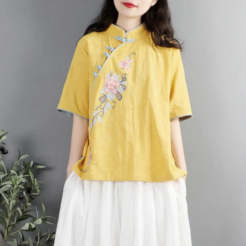 Camisa de lino y algodón para mujer, cuello mandarín, media manga, botones de rana y bordado de flores de verano con Buddha Stones - Amarillo - US12, UK/AU16, EU44 (3XL) - image 9