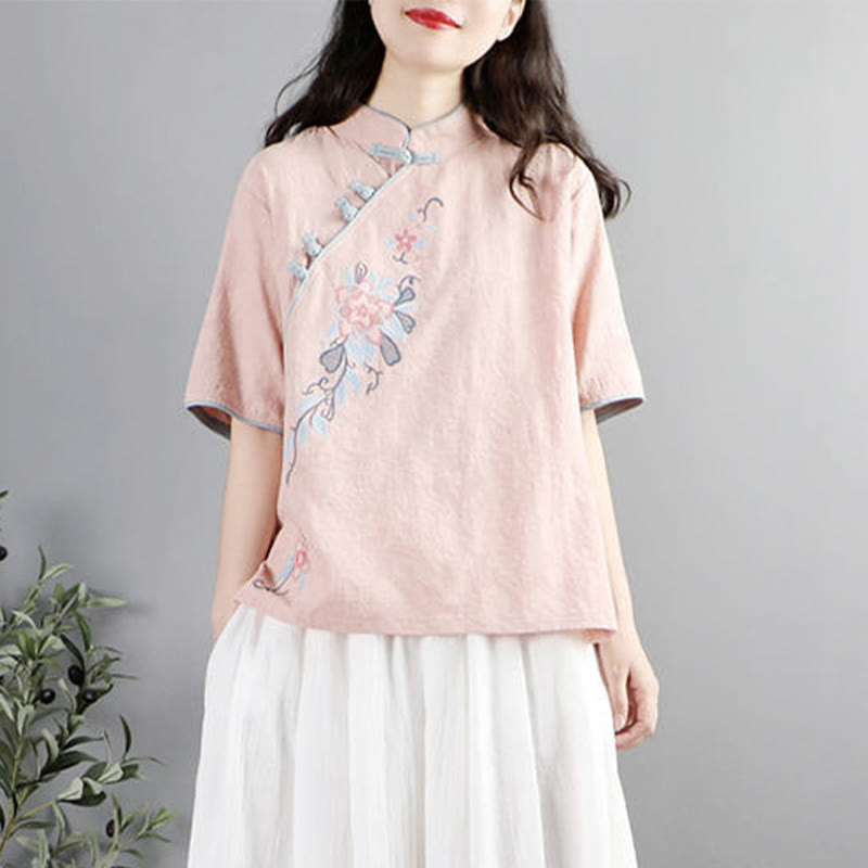 Camisa de lino y algodón para mujer, cuello mandarín, media manga, botones de rana y bordado de flores de verano con Buddha Stones - MistyRose - US12, UK/AU16, EU44 (3XL) - image 3