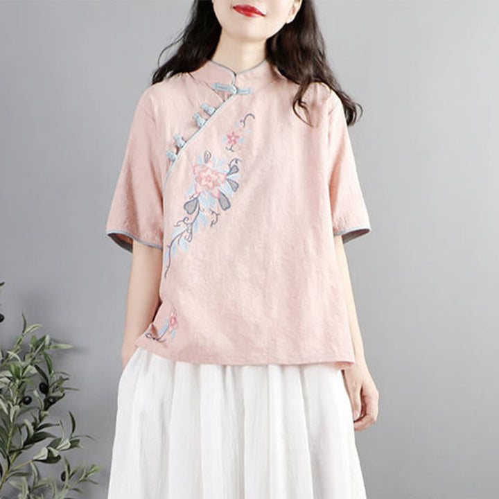 Camisa de lino y algodón para mujer, cuello mandarín, media manga, botones de rana y bordado de flores de verano con Buddha Stones - MistyRose - US12, UK/AU16, EU44 (3XL) - image 3