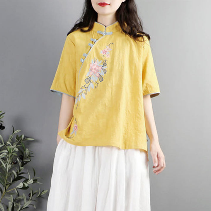 Camisa de lino y algodón para mujer, cuello mandarín, media manga, botones de rana y bordado de flores de verano con Buddha Stones - image 11