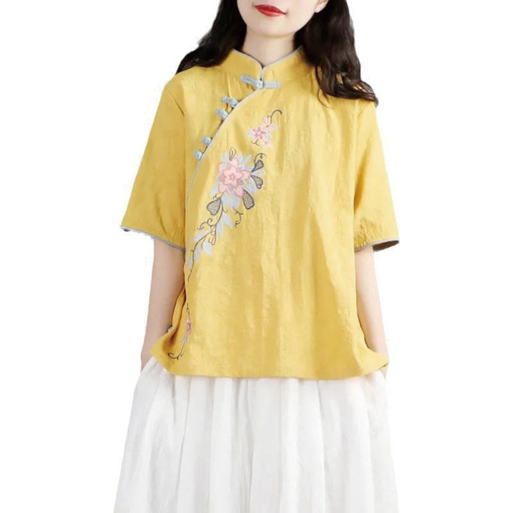 Camisa de lino y algodón para mujer, cuello mandarín, media manga, botones de rana y bordado de flores de verano con Buddha Stones - image 12