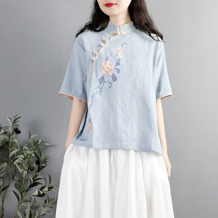 Camisa de lino y algodón para mujer, cuello mandarín, media manga, botones de rana y bordado de flores de verano con Buddha Stones - image 1