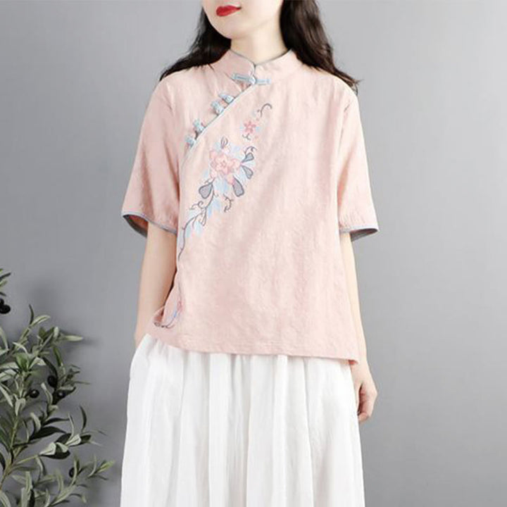 Camisa de lino y algodón para mujer, cuello mandarín, media manga, botones de rana y bordado de flores de verano con Buddha Stones - image 5