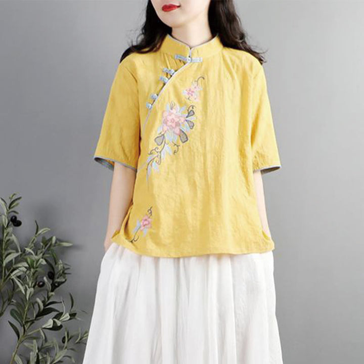 Camisa de lino y algodón para mujer, cuello mandarín, media manga, botones de rana y bordado de flores de verano con Buddha Stones - image 10