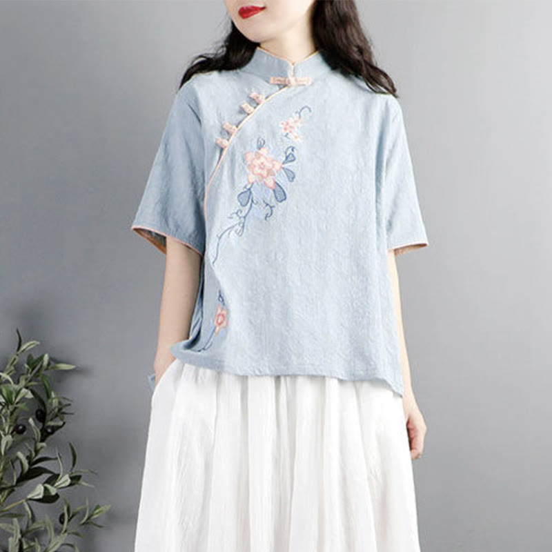Camisa de lino y algodón para mujer, cuello mandarín, media manga, botones de rana y bordado de flores de verano con Buddha Stones - image 2