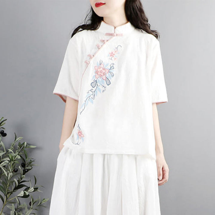 Camisa de lino y algodón para mujer, cuello mandarín, media manga, botones de rana y bordado de flores de verano con Buddha Stones - image 8