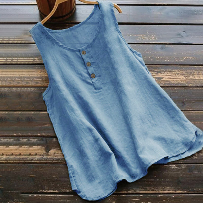 Chaleco de verano con botones y cuello redondo de color puro para mujer de Buddha Stones - Azul real - US16, UK/AU20, EU48 (5XL) - image 3