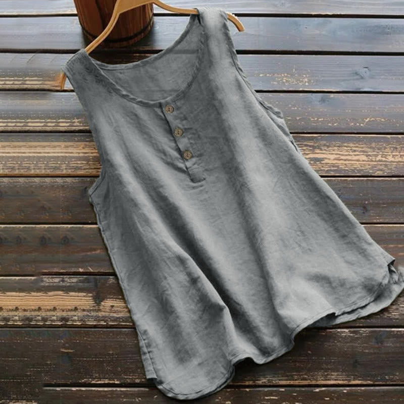 Chaleco de verano con botones y cuello redondo de color puro para mujer de Buddha Stones - Gris - US16, UK/AU20, EU48 (5XL) - image 2