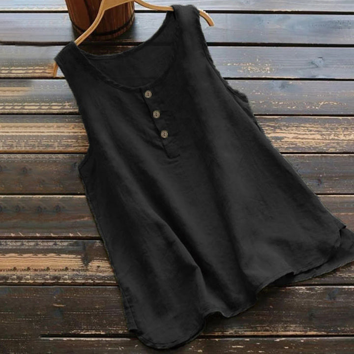 Chaleco de verano con botones y cuello redondo de color puro para mujer de Buddha Stones - Negro - US16, UK/AU20, EU48 (5XL) - image 0