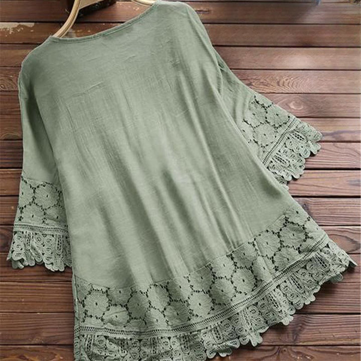 Camisa de algodón para mujer con mangas tres cuartos, encaje y bordado de flores vintage con Buddha Stones - image 8