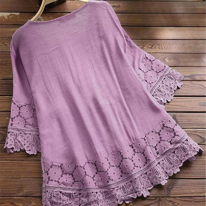 Camisa de algodón para mujer con mangas tres cuartos, encaje y bordado de flores vintage con Buddha Stones - image 6